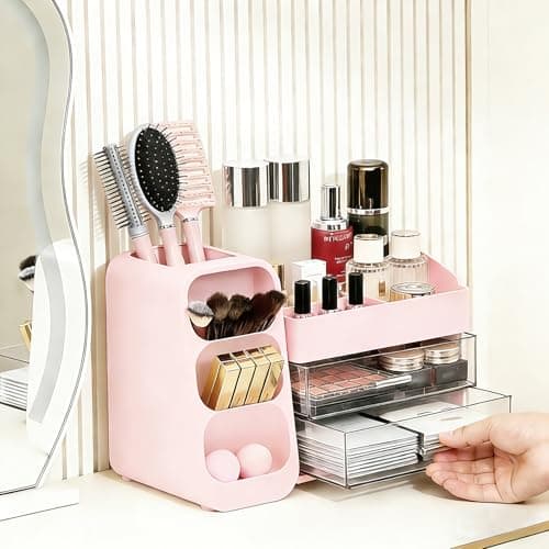 Makeup Organizer Countertop, Spacious Cosmetic Display Case with Makeup Brush Holder, Perfect Vanity Bathroom Organizer and Storage, Pink view 5