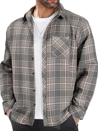 BAYAMO Men's Flannel Button Down Shirt Casual Plaid Long Sleeve Fall Jacket Lightweight Soft Tops with Pockets Grey XL — image 1