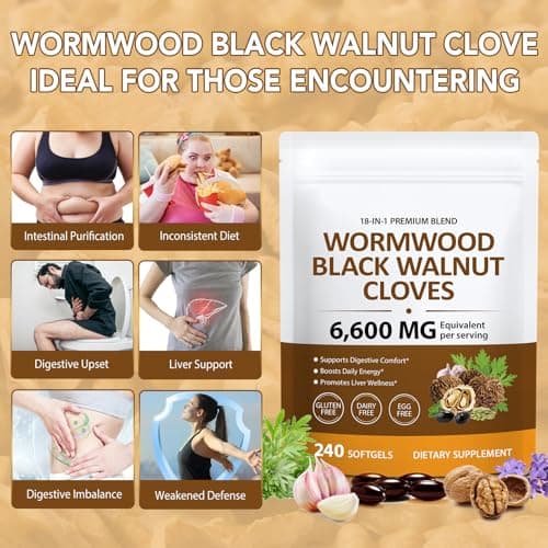 18-in-1 Wormwood Black Walnut Clove Herbal Softgels, Rapid Gut Cleanse & Digestive Health with Black Walnut Hull, Wormwood, Clove, Garlic, Oregano, Pumpkin Seed, Easy-to-Swallow, 240 Softgels view 6