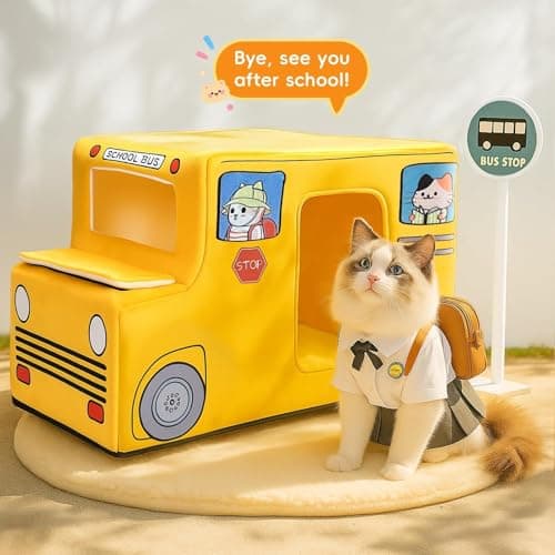 VIEFIN Cute Cat Beds Kitten Beds, Soft Small Dog Beds, Washable Pet Beds for Puppy and Kitty, Funny School Bus Cat Cave, 23 Inches view 4