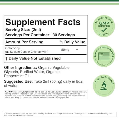 Chlorophyll Liquid Drops - for Digestion, Gut Health, Energy and Detox - Vegan Safe (Rich, Full Texture and Taste, Not Watered Down), 2oz Peppermint Flavored, by Double Wood view 2
