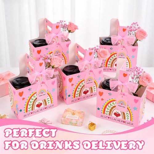 Teacher Appreciation Gifts in Bulk - 24Pcs 2 Cup Disposable Drink Carrier with Handle Greeting Card and Ribbon, Paper Cardboard Coffee Drink Holder for Delivery, Caddy Cup Carriers Accessories view 6