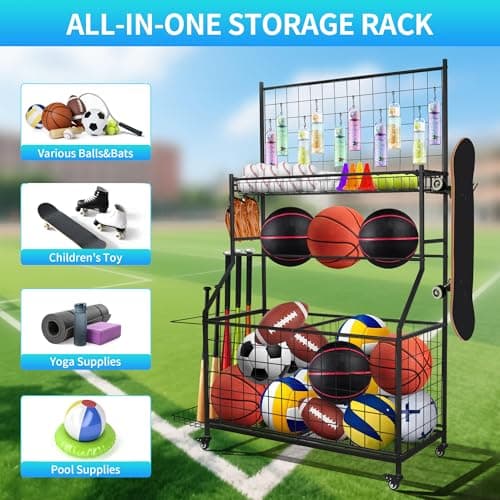 Sports Equipment Organizer,Garage Ball Storage Rack with Basketball Rack with Hooks and Rolling Wheels Cart-Black view 3