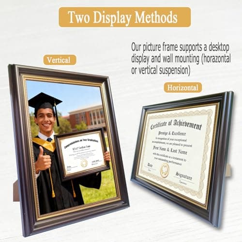 PAZLOG 8.5x11 Diploma Frame for Wall and Tabletop - Classic Walnut Brown Certificate Display with Gold Bead Accents, Gold Trim & HD Plexiglass, Degree Document Frame view 6