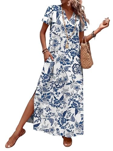 OFEEFAN Summer Dresses for Women 2026 Maxi Dress Short Sleeve Sundresses with Pockets Beach Vacation Spring Outfits view 4