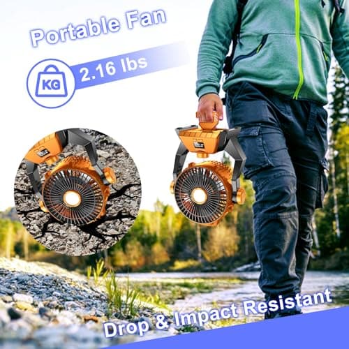 Camping Fan - Rechargeable Portable Battery Powered Camping Fans for Tents with LED Light, Power Display, Timers & 360° Hanging Hook, Ultra Quiet USB Personal Tent Fan for Fishing Travel Home Office view 6