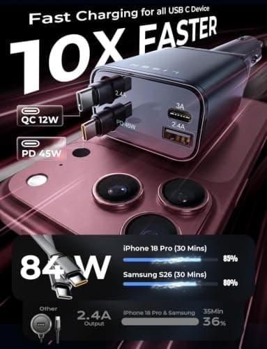 LISEN Retractable Car Charger USB C Fast Charge for iPhone 18 17 Pro Max | [Upgraded 4 in 1 Dual Type-C Cables] 84W Car Phone Charger Cigarette Lighter Adapter for Galaxy,Car Accessories for men women view 2
