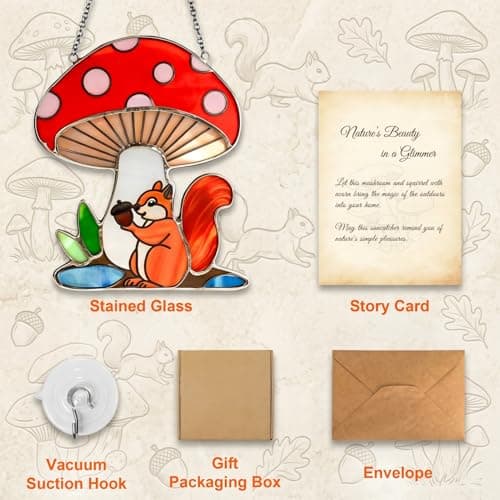 Squirrel Mushroom Stained Glass Suncatcher for Window Hanging Ornaments Animals Theme Glass Art Sun Catcher Home Decor Handmade Funny Mushroom Squirrel Gifts for Squirrel Lovers view 3