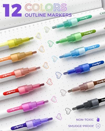 JusArt Outline Sparkle Markers, 12 Metallic Shimmer Pens for Adult Coloring, Cool Fun Drawing Supplies for valentines day, Easter, Christmas, Halloween view 6