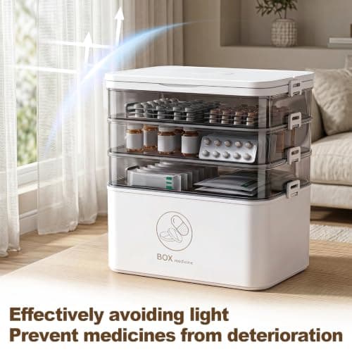 CFQNI 3-Tier Medicine Organizer Storage Box with Handle, Portable First Aid Kit Organizer for Home, Large Emergency Medical Case & Pill Bottle Holder, Multipurpose Cabinet Bin for Family Care view 5