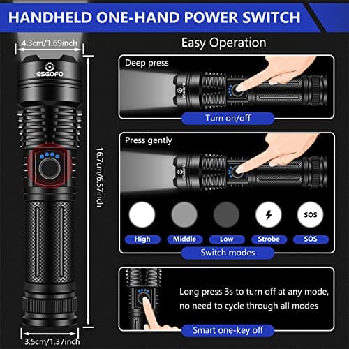 Esgofo Flashlights High Lumens 100000 Rechargeable, Super Bright Handheld LED Flash Light, Powerful Emergency Linternas, Waterproof, Long Lasting, for Hiking Camping Gift view 5