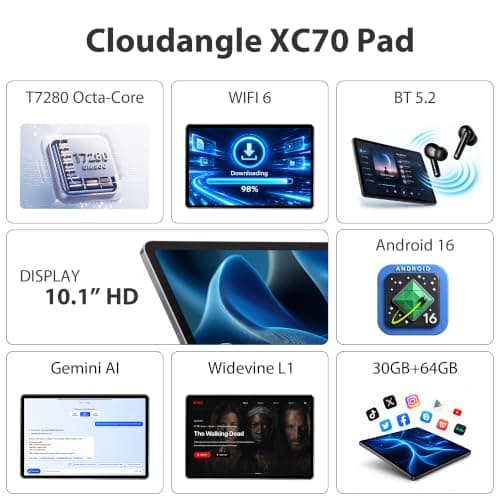 Cloudangle Tablet 10 inch, Android 16 Tablet, 30GB RAM + 64GB ROM, Black | 2.2GHz Octa-Core, 1TB Expandable, HD Touchscreen, GPS, 6000mAh, Gemini AI, WiFi 6, BT 5.2, Widevine L1, GMS, Dual Camera view 2