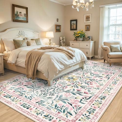 8x10 Area Rugs for Living Room: Floral Washable Rug Vintage Large Soft Boho Non-Slip Carpet Indoor Stain Resistant Low Pile Carpets for Bedroom Dining Room Farmhouse Nursery Home Office Pink Green view 3