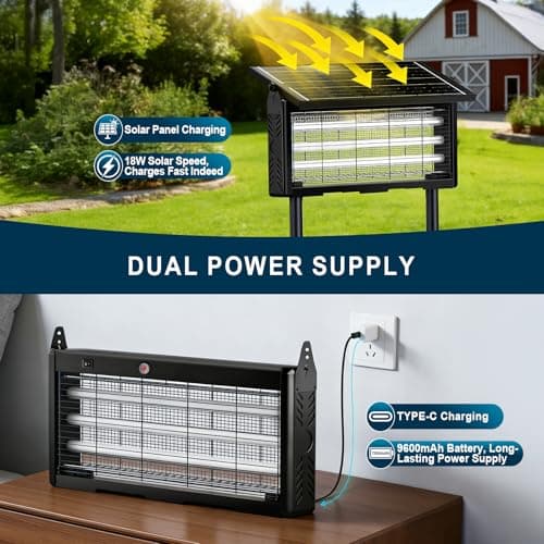 18W Solar & USB-C Bug Zapper Outdoor,9600mAh Mosquito Zapper with 365-395nm UV Light, Dusk to Dawn Sensor, IPX5 Waterproof, Fly Trap for Patio Garden Backyard Deck Camping view 4