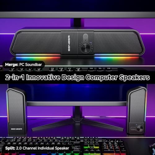 SENZER CS20 2 in 1 Bluetooth Computer Speakers for Desktop, USB Plug & Play Clear Sound PC Speakers with RGB Light, Monitor Sound Bar with Volume Knob, Gaming Speaker for PC Laptop Phone Tablet view 2