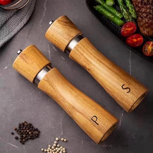 Wooden Salt and Pepper Grinder Set, 8 Inches Refillable Salt and Pepper Mills, Peppercorn Shaker with Adjustable Coarseness, Durable Acacia Wood with Ceramic/Stainless Steel Core, Tableware Gifts view 2
