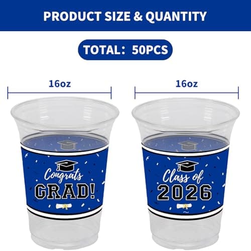 50Pcs 16oz Graduation Cups 2026 Blue Disposable Plastic Cups Graduation Party Supplies Class of 2026 Decorations Graduation Party Decorations Festivities Grad Tableware Congrats Grad Party Supplies view 4