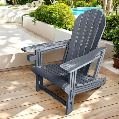 Adirondack Chair with Cup Holder,Tool-Free Assembly,No Screws Needed,All-Weather HDPE Plastic Outdoor Patio Chair,Wood-Grain Slatted Look,Easy to Take Apart for Storage,Fire Pit Chairs(Stone Grey) — image 1