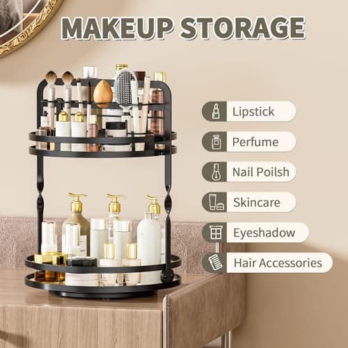 360° Rotating Makeup Organizer, 2-Tier Black Perfume Organizer for Dresser, Bathroom Organizers Countertop, Perfume Shelf with Makeup Brush Holder, Skincare Holder Cosmetic Display(Black) view 5