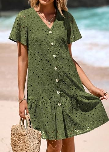 KIRUNDO Eyelet Dresses for Women 2026 Spring Summer Short Sleeve Button Down Loose Mini Babydoll Dress Beach Vacation Clothes view 6