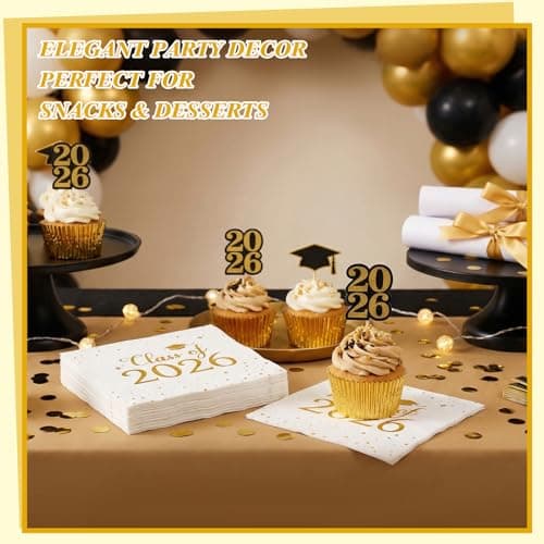 NatNarr Graduation Napkins Class of 2026, 6.5 Inch White and Gold Cocktail Napkins with Gold Foil Dots for College High School Grad Celebration view 6