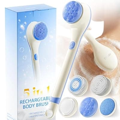 Electric Body Brush Back Scrubber for Shower, Waterproof Long Handle Body Scrubber Bath Brush with 5 Heads, Rechargeable Body Scrub Brush, 2 Speeds for Cleansing, Exfoliating and Massage (White)