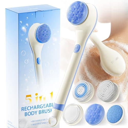Electric Body Brush Back Scrubber for Shower, Waterproof Long Handle Body Scrubber Bath Brush with 5 Heads, Rechargeable Body Scrub Brush, 2 Speeds for Cleansing, Exfoliating and Massage (White) view 1