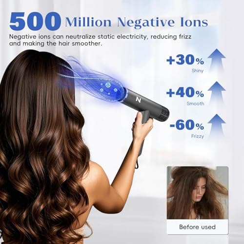 Natrial Ionic Professional Hair Dryer with Diffuser for Curly Hair,1600W&110000RPM High Speed Blow Dryer for Women,Fast Drying,Lock Function,Low Noise,Lightweight for Home Travel Salon,Gray view 3