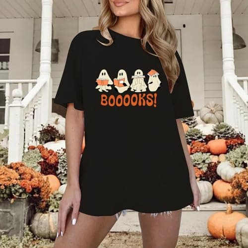Halloween Shirts for Women Oversized Ghost Reading Books T-Shirt Cute Spooky Bookish Short Sleeve Tee Tops view 2