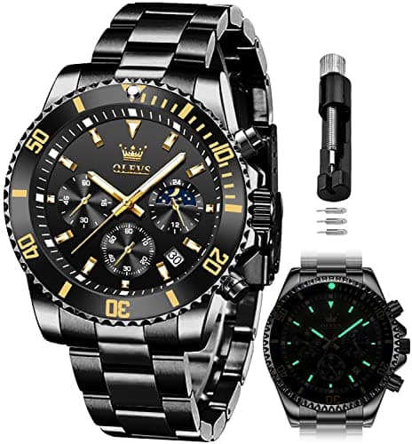 OLEVS Mens Watches Black Chronograph Luxury Dress Moon Phase Quartz Stainless Steel Waterproof Luminous Business Calendar Wrist Watch
