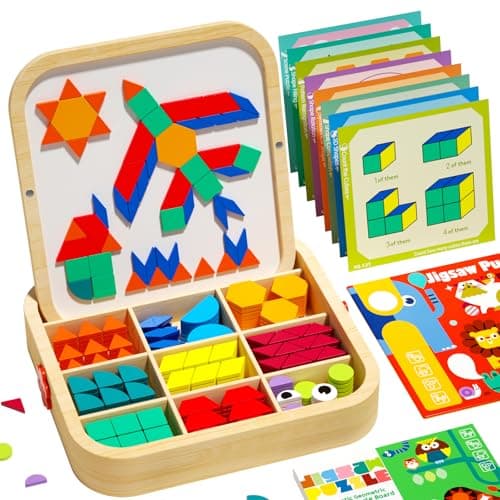 edutree Wooden Magnetic Pattern Blocks Set with Cards, 288 PCS Montessori Tangram Puzzle Learning Toys for Toddlers 4-8, Educational STEM Gift for Kids Boys Girls 4 5 6 7 8