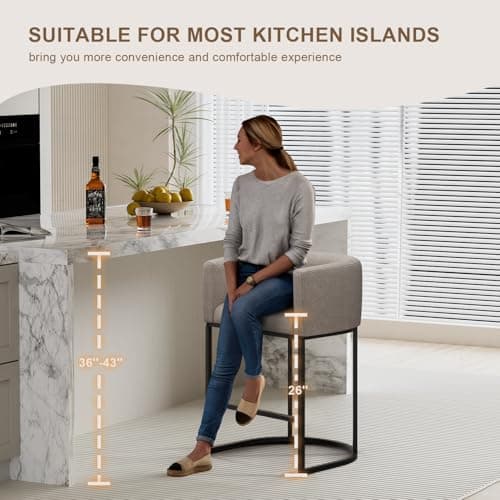 VATROS 26" H Counter Height Bar Stools Set of 3, Modern Barrel Counter Stools with Backrest and Arms, Linen Fabric Upholstered Accent Barstools for Kitchen Island,Support 450 LBS (Sand) view 5