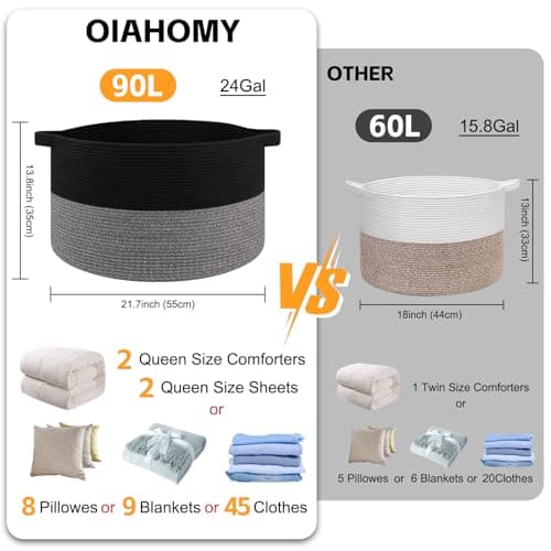 OIAHOMY 90L XXXLarge Blanket Basket for Living Room, 21.7" x 13.8" Woven Cotton Rope Laundry Basket for Organizing Pillows, Decorative Stuffed Animal Toy Storage Bin for Nursery, Black and Grey view 3