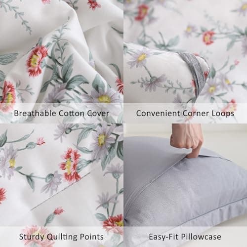 ALEISSEL White Floral Cotton Comforter King Size - 3PC Lightweight Bedding Sets with Soft Fill, Elegant Pale Purple & Burgundy Botanical Patterns with Light Gray Reversible Design view 4