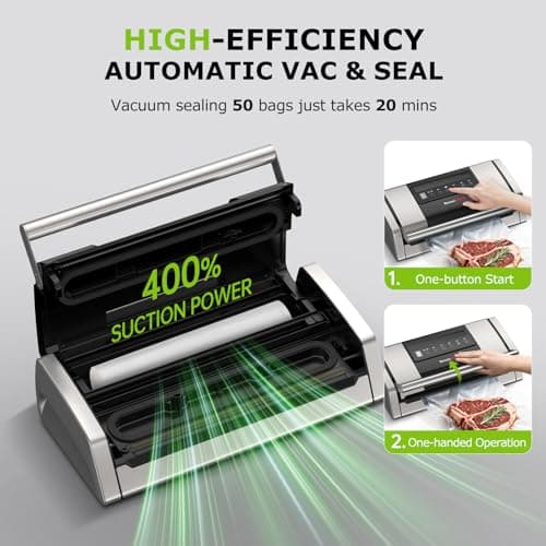 Bonsenkitchen Vacuum Sealer for Food, Easy-Lock Handle with Digital Timer | Built-in Cutter & Bag Storage for Sous Vide, Vacuum Sealer Machine Suitable for Dry & Moist Food Types, 1 Roll & 10 Bags view 6