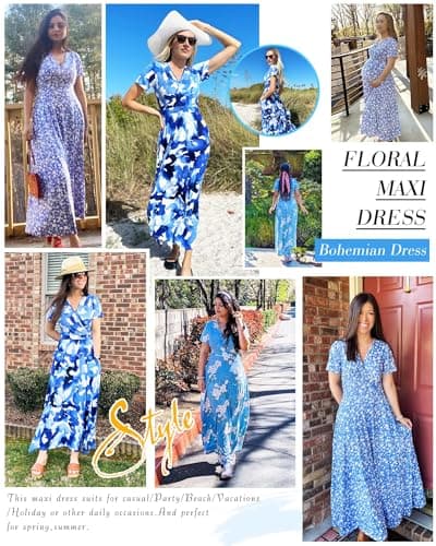 AUSELILY Maxi Dresses for Women Ankle Length Floral Print Beach Long Flowy Dress with Pockets view 2