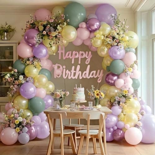Green Pink Balloon Arch Kit Double Stuffed Light Pastel Lavender Yellow Pearl Balloon Garland for Baby Shower Birthday Spring Wildflower Fairy Garden Tea Butterfly Party Decorations view 2
