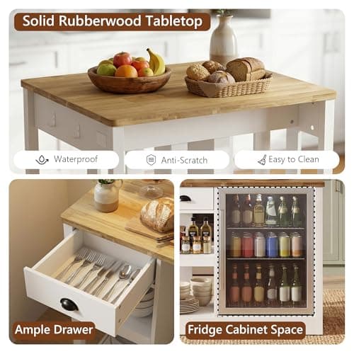 LAZZO 35.4" Kitchen Island with Storage and Seating, White and Natural | Coffee Bar Cabinet with Fridge Space, Power Outlets, Rubberwood Worktop, Open Shelves & Side Hooks for Kitchen Dining Room view 6