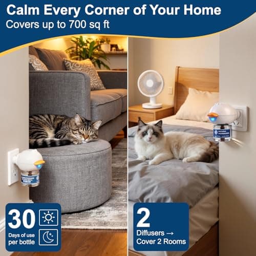 YooBaaLee Cat Calming Pheromone Diffuser Kit Plug-In for Stress Relief | with 2 Diffusers & 4 Refills, Anxiety Relief for Cats, Helps with Scratching, Urine Marking & Fighting, for Multi-Cat Homes view 3