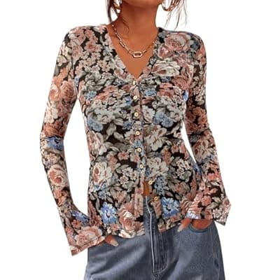BTFBM Button Down Shirts for Women 2026 Spring Boho Tops V Neck Long Sleeve Blouses Ruched Mesh Fitted Fashion Clothing