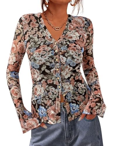 BTFBM Button Down Shirts for Women 2026 Spring Boho Tops V Neck Long Sleeve Blouses Ruched Mesh Fitted Fashion Clothing — image 1