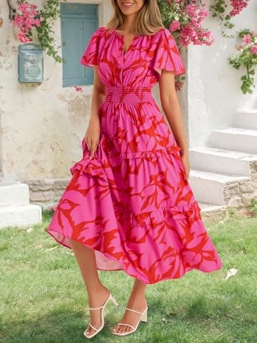 Wenrine Womens Summer Short Sleeve Maxi Dresses Casual Floral V Neck Smocked Tiered Flowy Boho Beach Sundress view 4