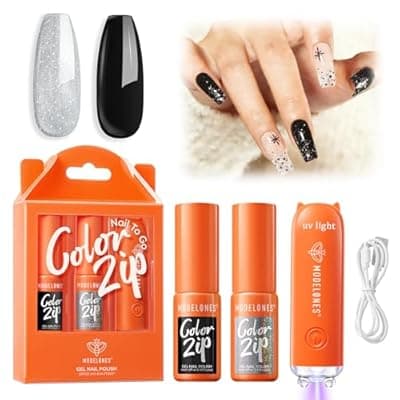 Modelones Black Gel Nail Polish Kit with UV Light, Christmas Silver One Step Gel Polish No Need Base & Top Coat, 3 in 1 Set Glitter Fall Soak Off Nail Lamp Manicure DIY Salon at Home Gift