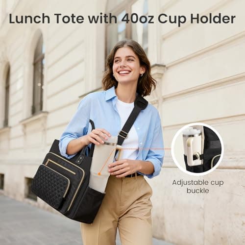 LOVEVOOK Insulated Lunch Tote Bag for Women, Large Capacity Work Bag with Laptop Compartment & Cup Holder, Water Resistant Nurse Tote for Office, Leakproof Crossbody Handbag, 15.6 Inch Black-Purple view 3