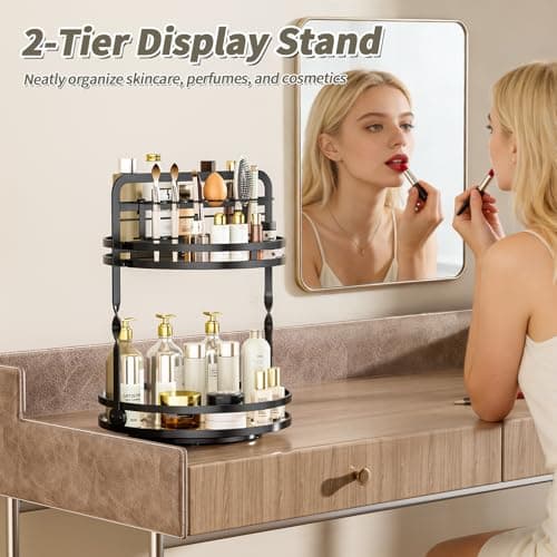 360° Rotating Makeup Organizer, 2-Tier Black Perfume Organizer for Dresser, Bathroom Organizers Countertop, Perfume Shelf with Makeup Brush Holder, Skincare Holder Cosmetic Display(Black) view 3