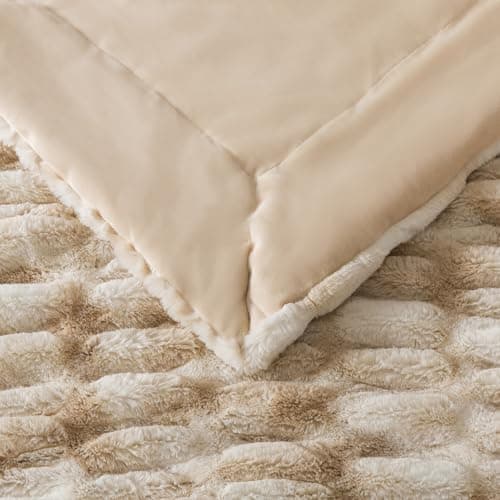 WDCOZY Ruched Faux Fur Throw Blanket Soft Cozy Fluffy Luxurious Blankets Couch Bed Sofa Chair Home Decor Warm Furry Fall Winter Plush Rabbit Fur Bubble Blanket 50" x 60", Caramel Beige Camel Neutral view 6