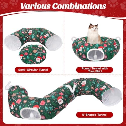 Christmas Tree Cat Tunnel, Soft Cat Tunnels for Indoor Cats with Middle Cushion, Cute Pet Donut Cave Bed Play Toys, Xmas Tree Decorations Protector Gifts view 2