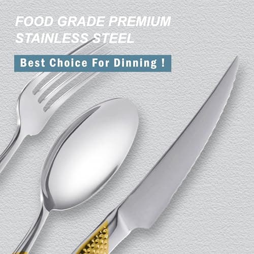 Runfly 20 Piece Hammered Gold Silver Silverware Set, 18/10 Stainless Steel Flatware Set, Modern Kitchen Utensil Set Service for 4, Tableware Set, Cutlery Set Including Fork Spoon and Knife view 2