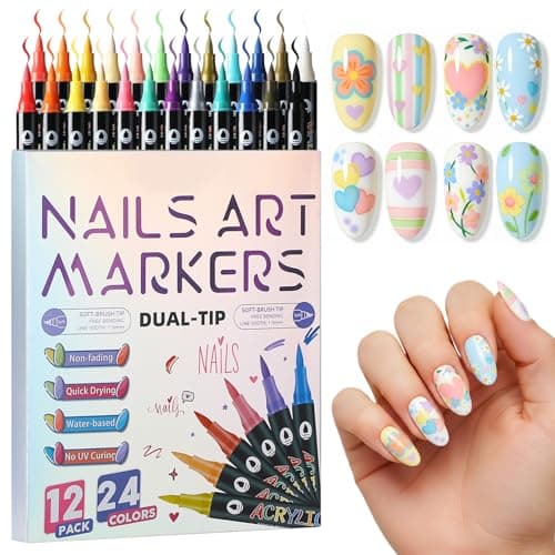 24 Colors Nail Art Markers Pens Set (12Pcs-Dual), Acrylic Nail Art Marker, 3D Dotting Liner Brush Quick-Drying Fine Tip Nail Polish Pen for DIY Home Salon, Beginners Manicure Drawing Tools — image 1