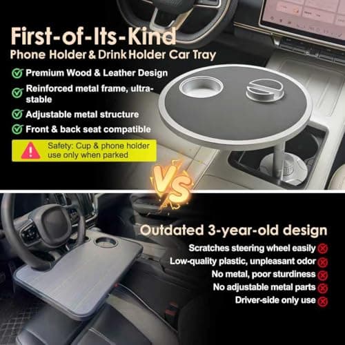 Car Food Tray & Car Table Tray with Car-Grade Aluminum Cup Holder & Phone Stand, Premium Wood with Leather Surface, 360° Rotating Car Desk for Laptop &Eating (Round, Black) view 2